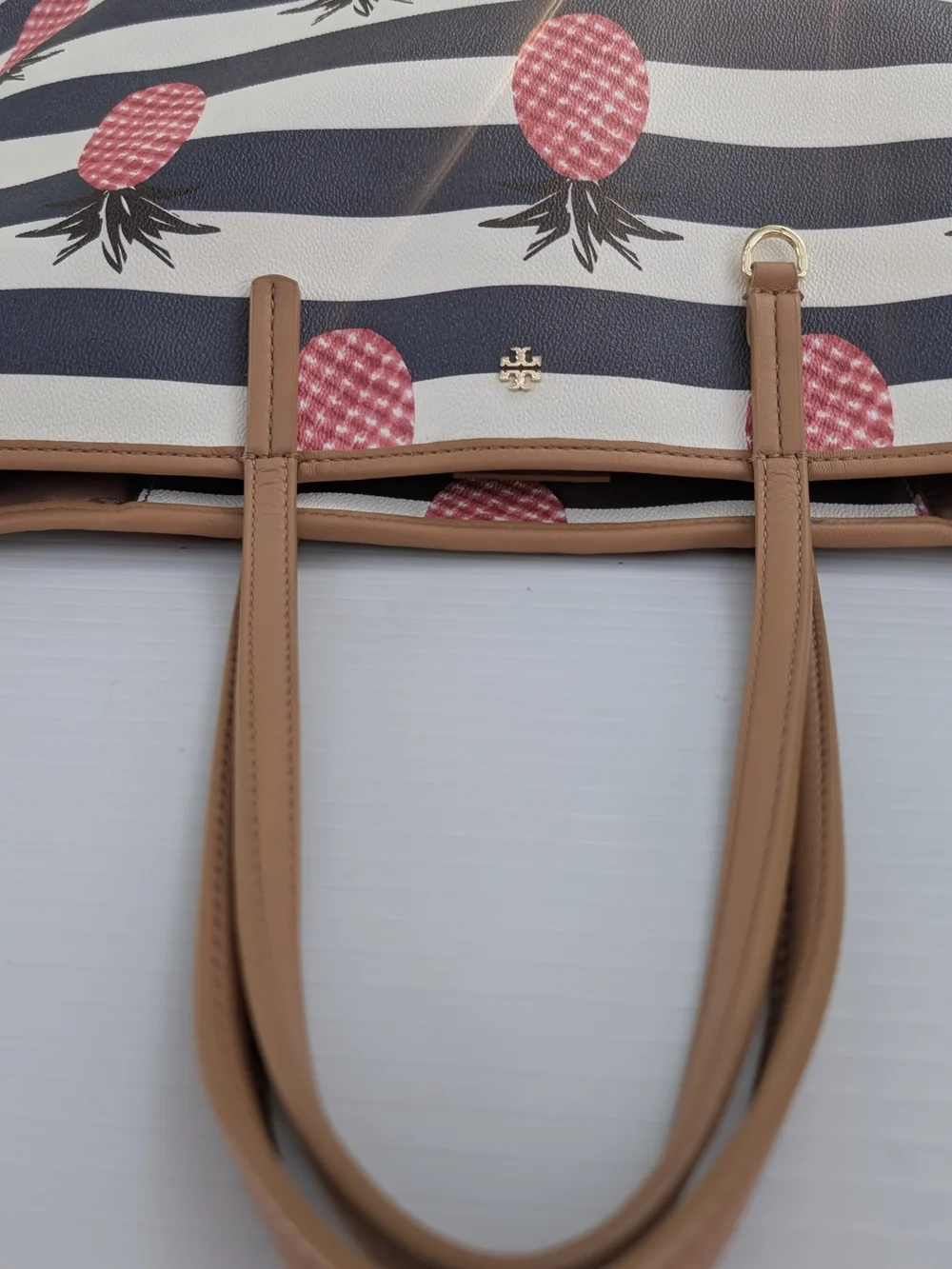 Tory Burch Kerrington Navy Stripe Pineapple Tote Bag - Pink Pineapple Print